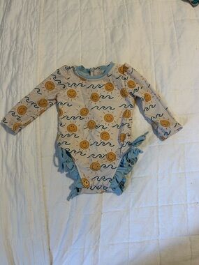 Caden Lane Sun Print Long-Sleeve One-Piece Swimsuit - Cream & Light Blue